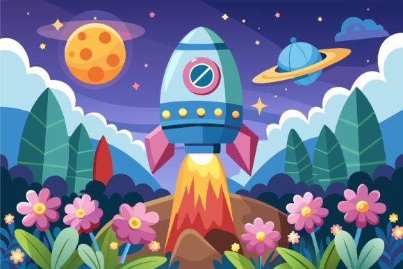 Download Spaceship Sky Cartoon with Flowers on a - Spaceship Collection
